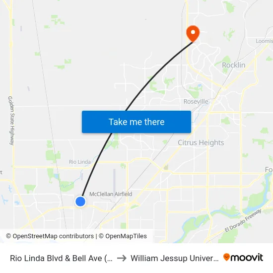 Rio Linda Blvd & Bell Ave (NB) to William Jessup University map