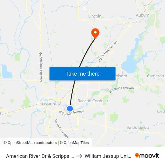 American River Dr & Scripps Dr (WB) to William Jessup University map