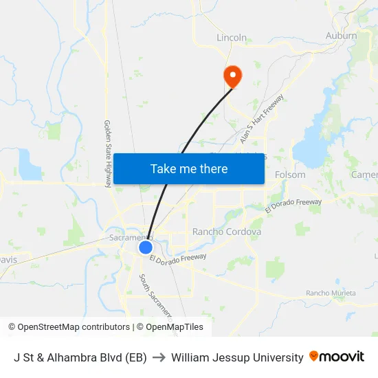 J St & Alhambra Blvd (EB) to William Jessup University map