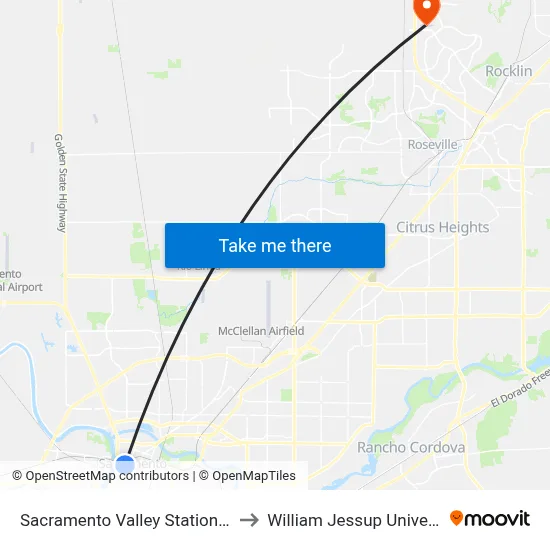 Sacramento Valley Station (EB) to William Jessup University map