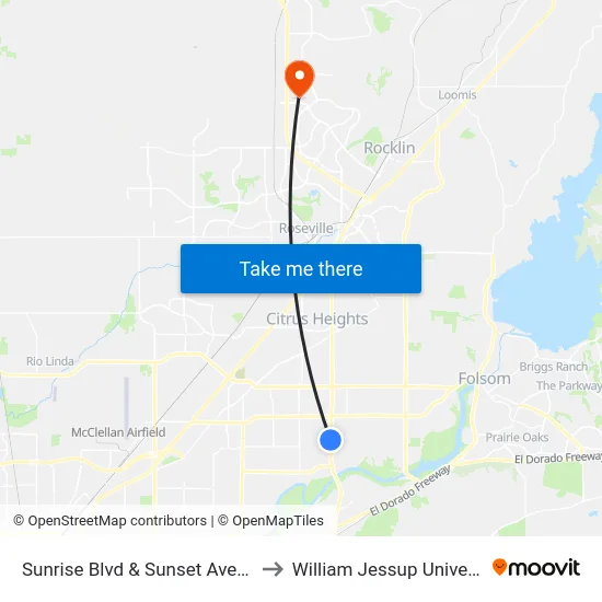 Sunrise Blvd & Sunset Ave (SB) to William Jessup University map
