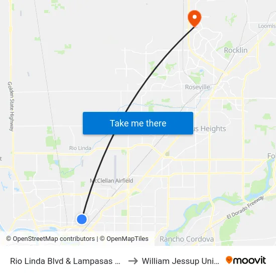 Rio Linda Blvd & Lampasas Ave (NB) to William Jessup University map