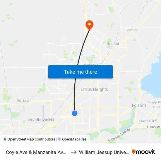 Coyle Ave & Manzanita Ave (EB) to William Jessup University map