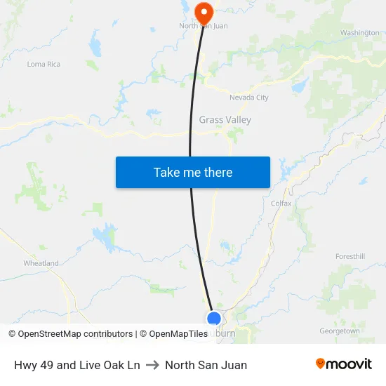 Hwy 49 and Live Oak Ln to North San Juan map