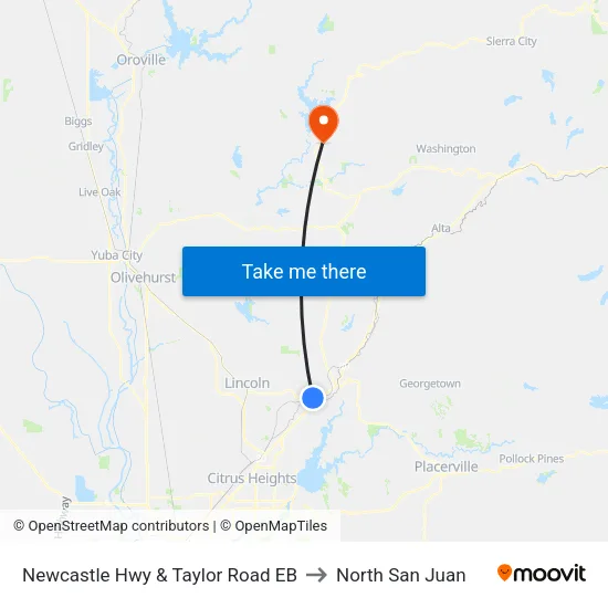 Newcastle Hwy & Taylor Road EB to North San Juan map