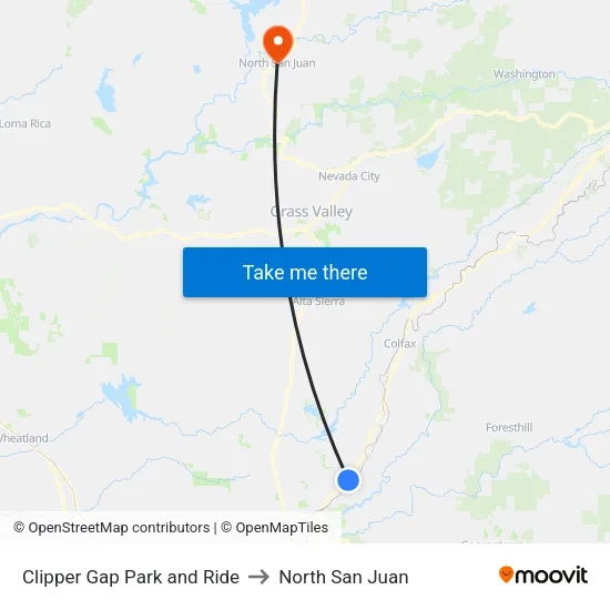 Clipper Gap Park and Ride to North San Juan map