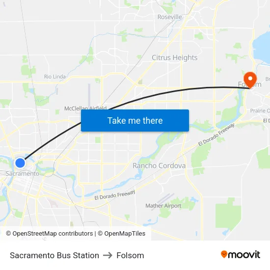 Sacramento Bus Station to Folsom map