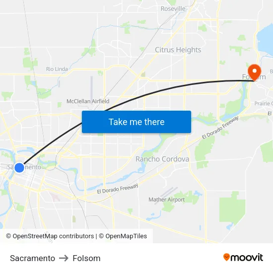 Sacramento to Folsom map
