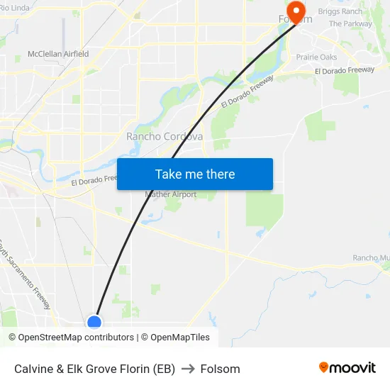Calvine & Elk Grove Florin (EB) to Folsom map