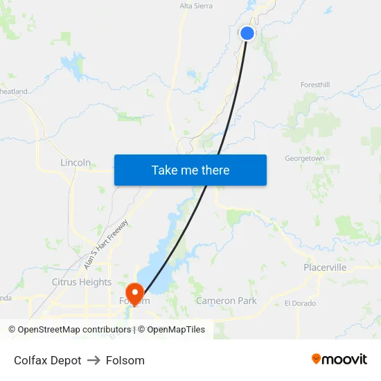 Colfax Depot to Folsom map