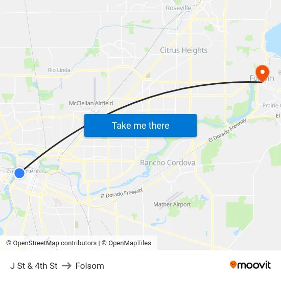 J St & 4th St to Folsom map