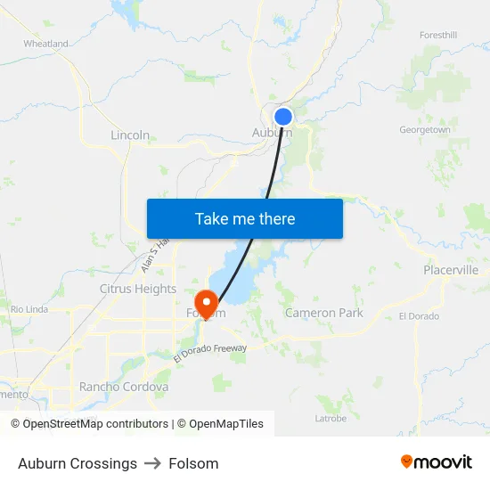 Auburn Crossings to Folsom map
