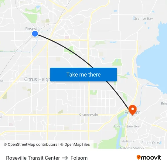 Roseville Transit Center to Folsom map