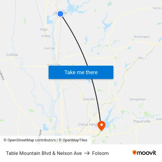 Table Mountain Blvd & Nelson Ave to Folsom map