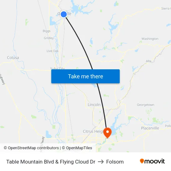 Table Mountain Blvd & Flying Cloud Dr to Folsom map