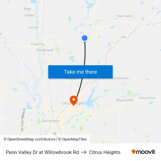 Penn Valley Dr at Willowbrook Rd to Citrus Heights map