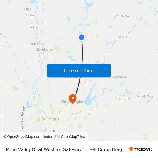Penn Valley Dr at Western Gateway Park to Citrus Heights map