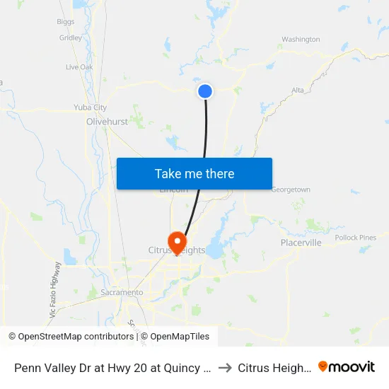 Penn Valley Dr at Hwy 20 at Quincy Ln to Citrus Heights map