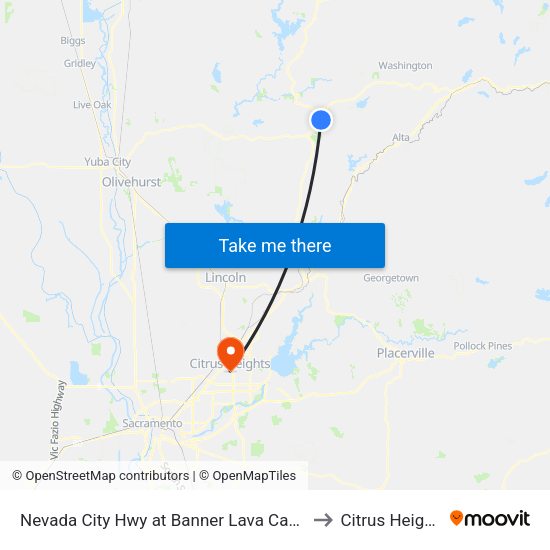 Nevada City Hwy at Banner Lava Cap Rd to Citrus Heights map