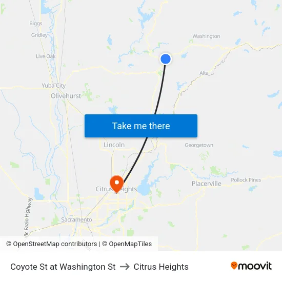 Coyote St at Washington St to Citrus Heights map