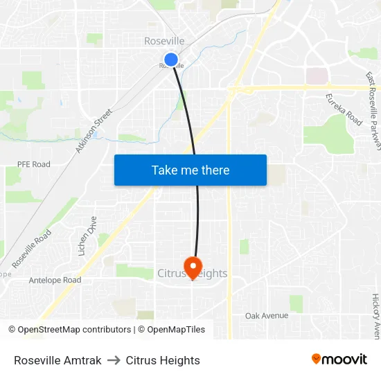 Roseville Amtrak to Citrus Heights map
