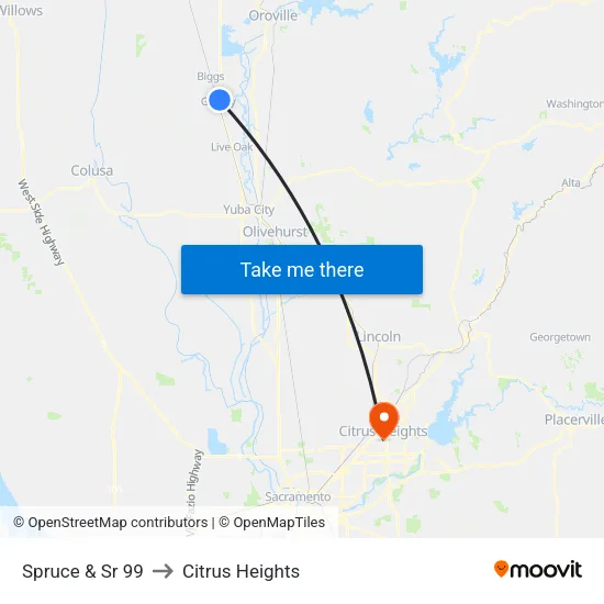 Spruce & Sr 99 to Citrus Heights map