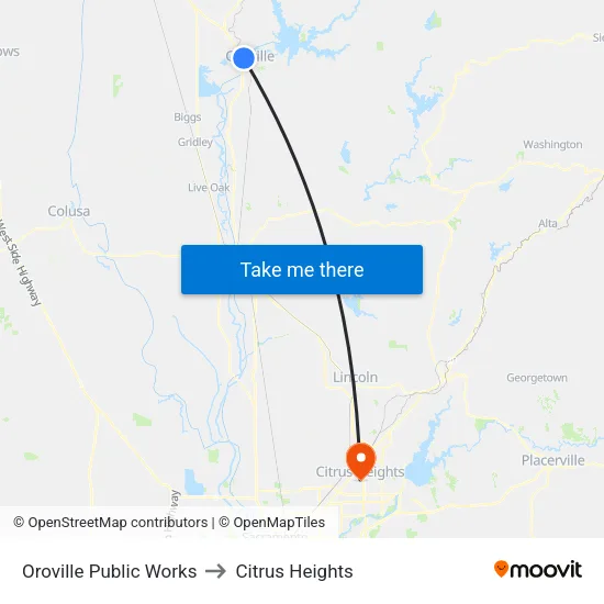 Oroville Public Works to Citrus Heights map
