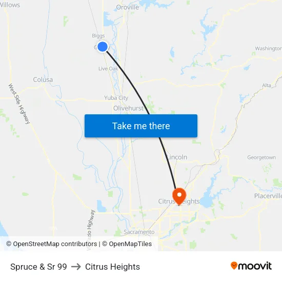 Spruce & Sr 99 to Citrus Heights map