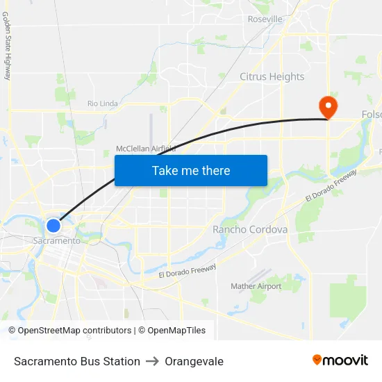 Sacramento Bus Station to Orangevale map