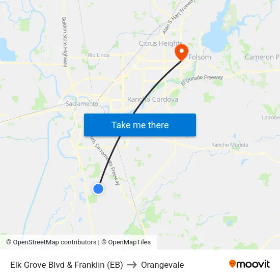 Elk Grove Blvd & Franklin (EB) to Orangevale map