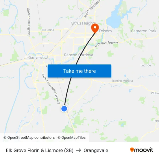 Elk Grove Florin & Lismore (SB) to Orangevale map
