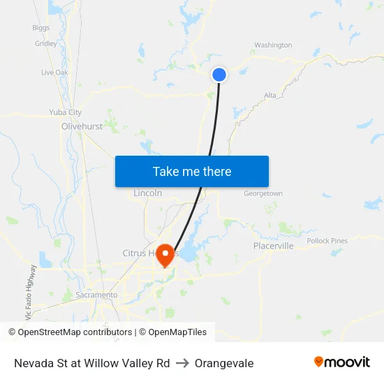 Nevada St at Willow Valley Rd to Orangevale map