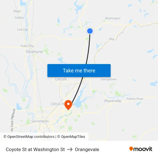 Coyote St at Washington St to Orangevale map