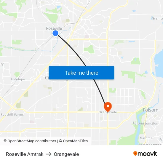 Roseville Amtrak to Orangevale map