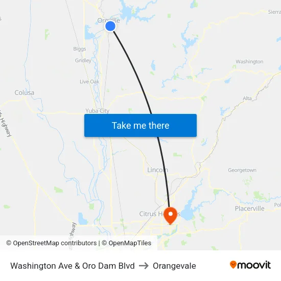 Washington Ave & Oro Dam Blvd to Orangevale map