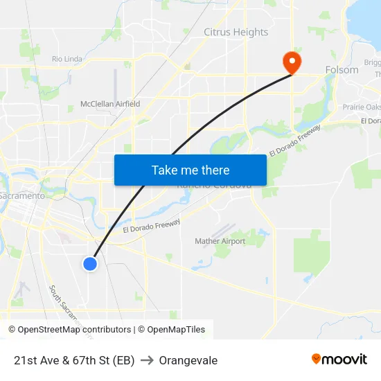 21st Ave & 67th St (EB) to Orangevale map