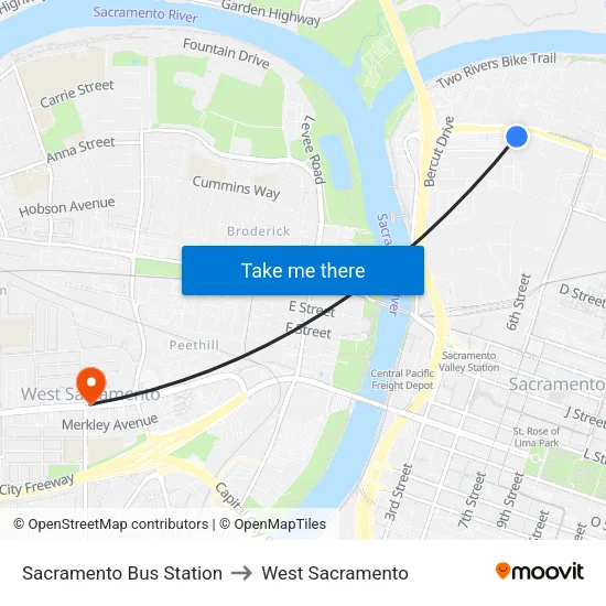 Sacramento Bus Station to West Sacramento map