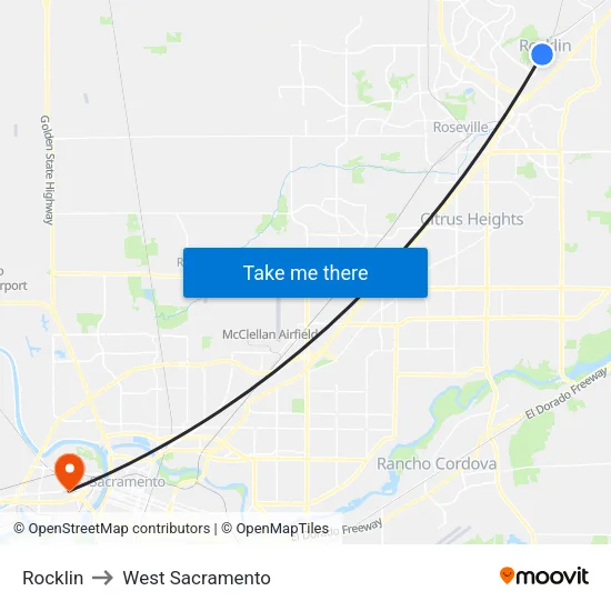 Rocklin to West Sacramento map