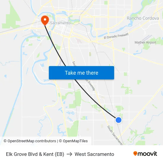 Elk Grove Blvd & Kent (EB) to West Sacramento map