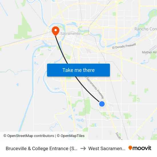 Bruceville & College Entrance (SB) to West Sacramento map