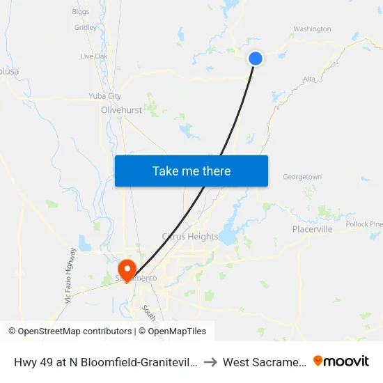 Hwy 49 at N Bloomfield-Graniteville Rd to West Sacramento map
