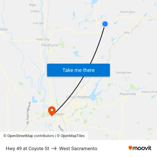 Hwy 49 at Coyote St to West Sacramento map