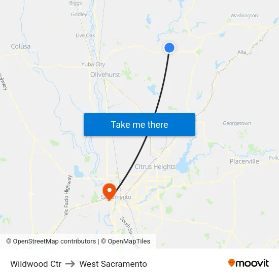 Wildwood Ctr to West Sacramento map