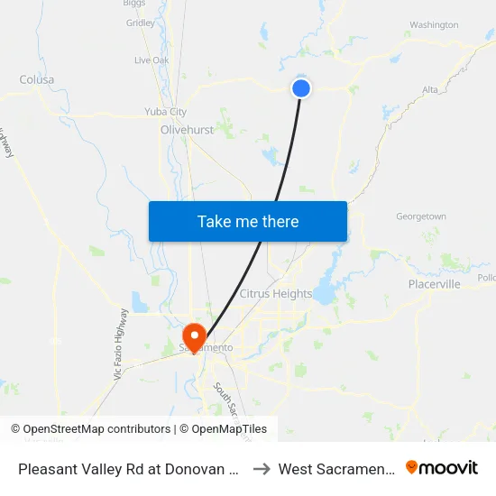 Pleasant Valley Rd at Donovan Rd to West Sacramento map