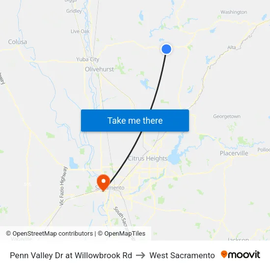 Penn Valley Dr at Willowbrook Rd to West Sacramento map