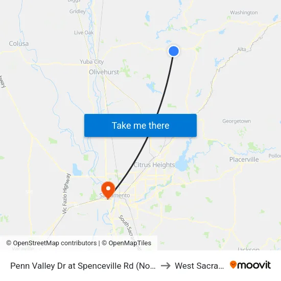 Penn Valley Dr at Spenceville Rd (Northridge Pizza) to West Sacramento map