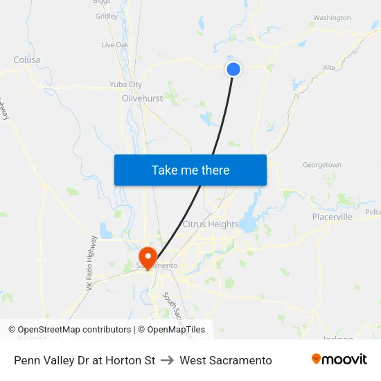 Penn Valley Dr at Horton St to West Sacramento map