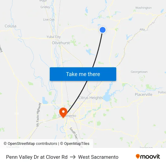 Penn Valley Dr at Clover Rd to West Sacramento map