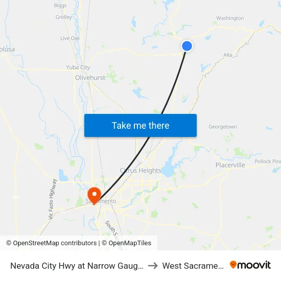 Nevada City Hwy at Narrow Gauge Ln to West Sacramento map