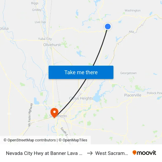Nevada City Hwy at Banner Lava Cap Rd to West Sacramento map
